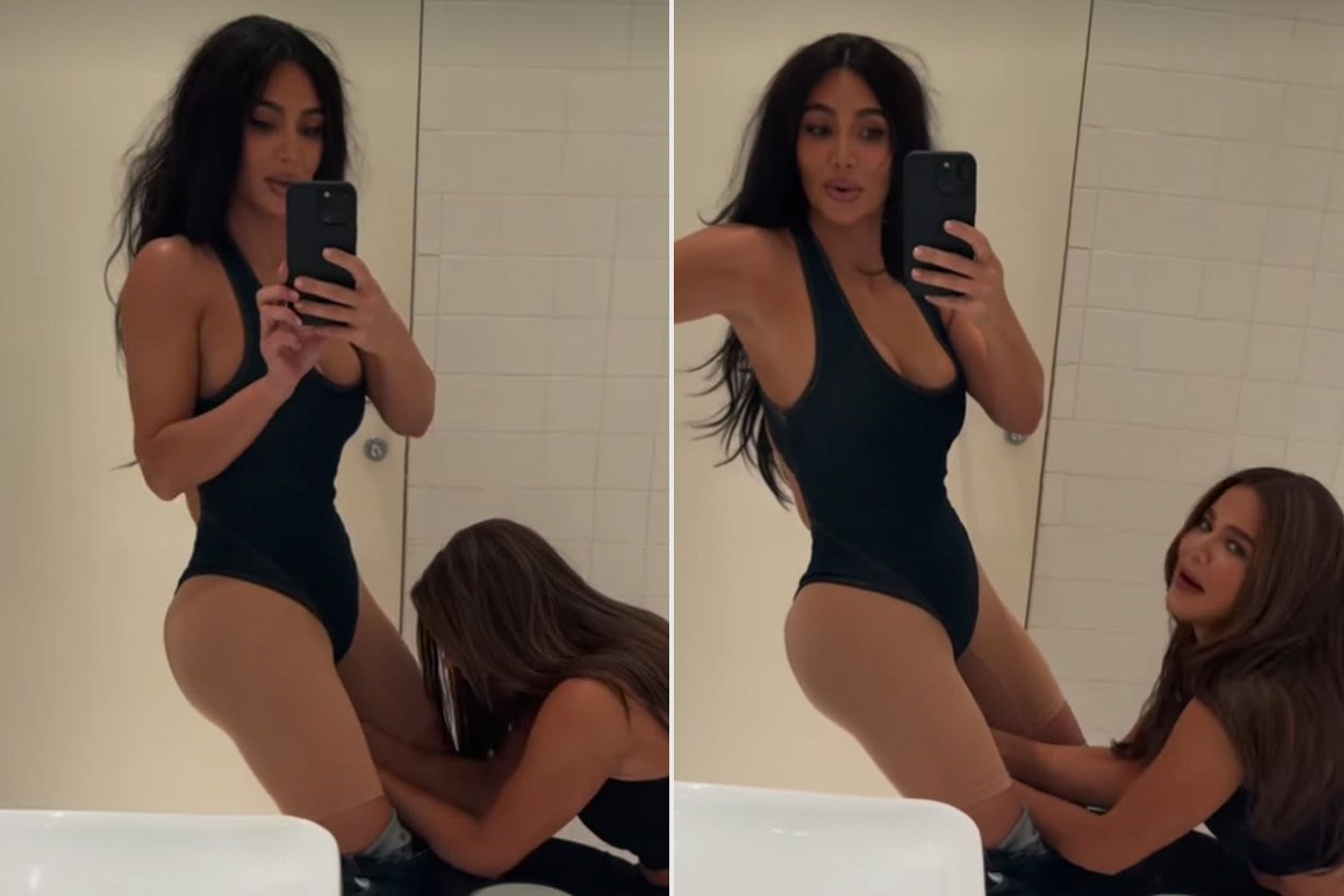 Kim Kardashian Shares Hilarious Video of Sister Khloé Fastening Her Bodysuit in Bathroom: ‘Things I Find in My Phone’