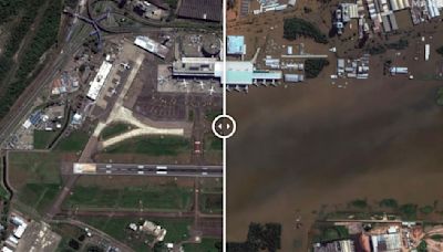 Antes y después: imágenes satelitales revelan la pista de aterrizaje y el campo de fútbol sumergidos en las devastadoras inundaciones de Brasil