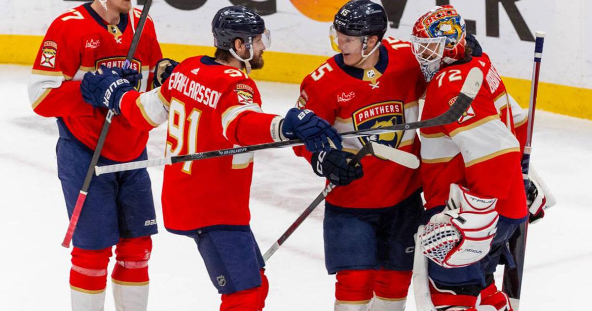 Florida Panthers goaltender Sergei Bobrovsky celebrate with teammates after their team's win against the New York Rangers in Game 6 during the Eastern Conference finals of the...