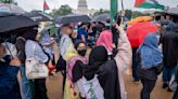 Hundreds of pro-Palestinian protesters rally in the rain in DC to mark a painful present and past