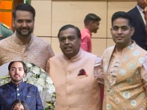 ...Ambani Poses With Aakash Ambani, Anand Piramal; Shloka Mehta Meets Guests At Anant-Radhika's Mameru Ceremony...