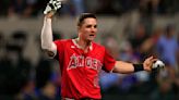 Mickey Moniak of the Los Angeles Angels reacts after a called third strike during the 11th inning against the Texas Rangers at Globe Life Field on Saturday, May 18, 2024, in Arlington, Texas.