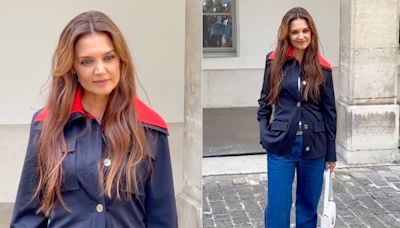 Katie Holmes Elevates Casual Dressing With Shades of Blue for Patou’s Spring 2025 Couture Show During Paris Fashion Week