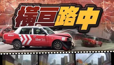 車Cam直擊：龍翔道黃大仙祠對開的士自炒 掃冧燈柱往觀塘兩線受阻