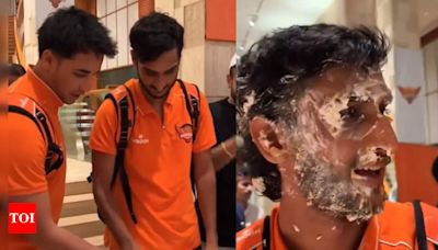 Watch: Cake-smeared Shahbaz Ahmed leads celebrations in SRH camp after entering IPL final | Cricket News - Times of India