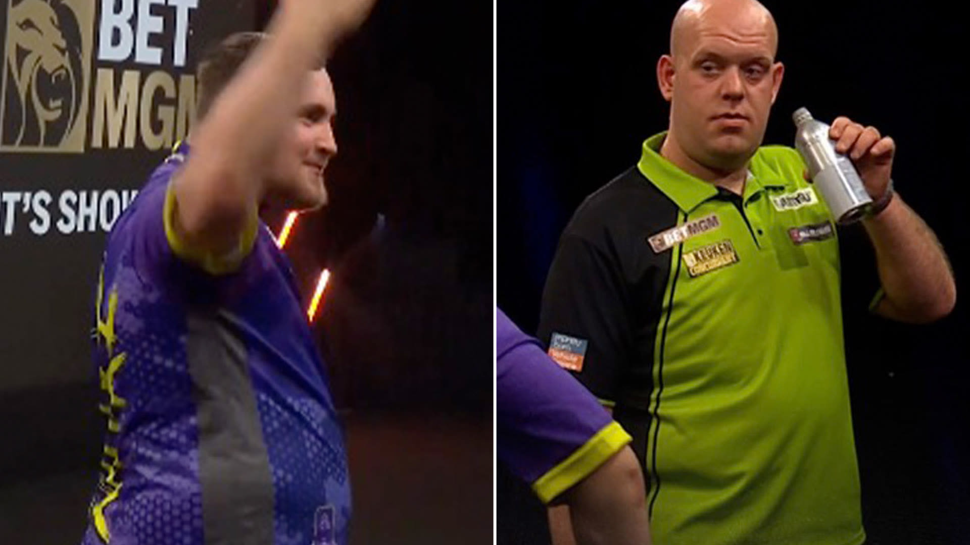 Watch Michael van Gerwen's reaction after spotting Luke Littler revving up crowd