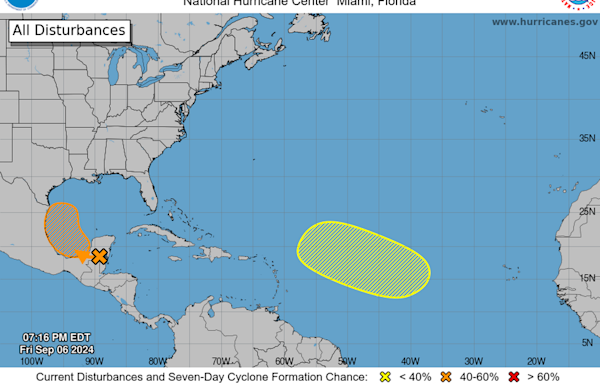 Busy ocean waters slim down to two tropical disturbances. A depression could form soon