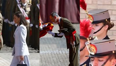 El rey Felipe VI jura bandera ante la atenta mirada de la princesa Leonor y la reina Letizia en la Academia Militar de Zaragoza