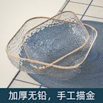 日式錘紋金邊玻璃碗耐熱網紅ins沙拉水果碗家用創意透明水果盤子~特價