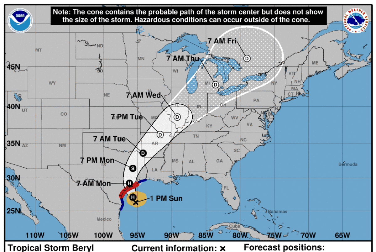 Tropical Storm Beryl is on a path to hit the Texas coast as a hurricane Monday