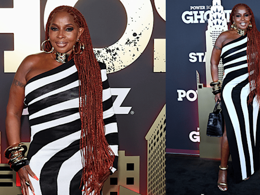 Mary J. Blige Embraces Power Dressing in Asymmetric Graphic Balmain Dress for ‘Power Book II: Ghost’ Red Carpet Premiere