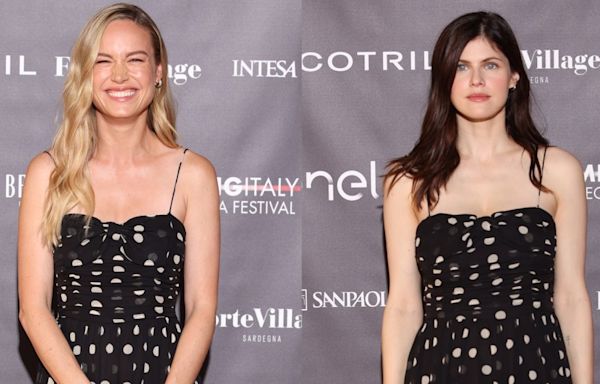 Brie Larson and Alexandra Daddario Twin in Polka Dot Doên Dress on Filming Italy 2024 Red Carpet