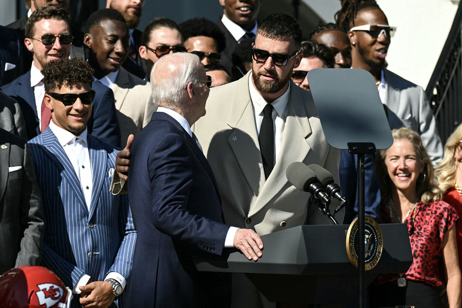 President Biden lets Travis Kelce address crowd at event celebrating Chiefs’ Super Bowl win