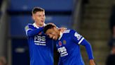 James Justin scores before being stretchered off injured in Leicester Carabao Cup win