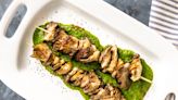 Grilled Oyster Mushroom Kebabs With Parsley-Spinach Puree