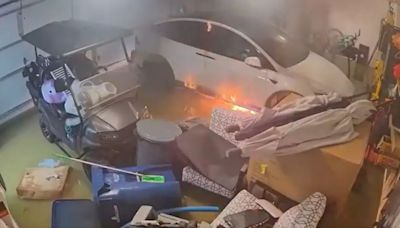 Tesla Erupts In Flames Inside Flooded Florida Garage: Shocking Video From Hurricane Helene Goes Viral