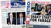 Newspaper headlines: 'Leaders clash' and 'shaky start for Farage'