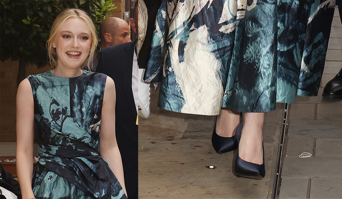 Dakota Fanning Looks Sharp in Pointed-Toe Pumps and Satin Printed Dress at ‘The Watchers’ London Premiere