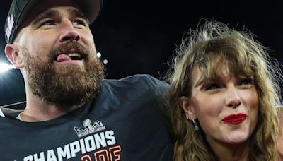 Travis Kelce Has Best Reaction to Taylor Swift Cutout at London Bar