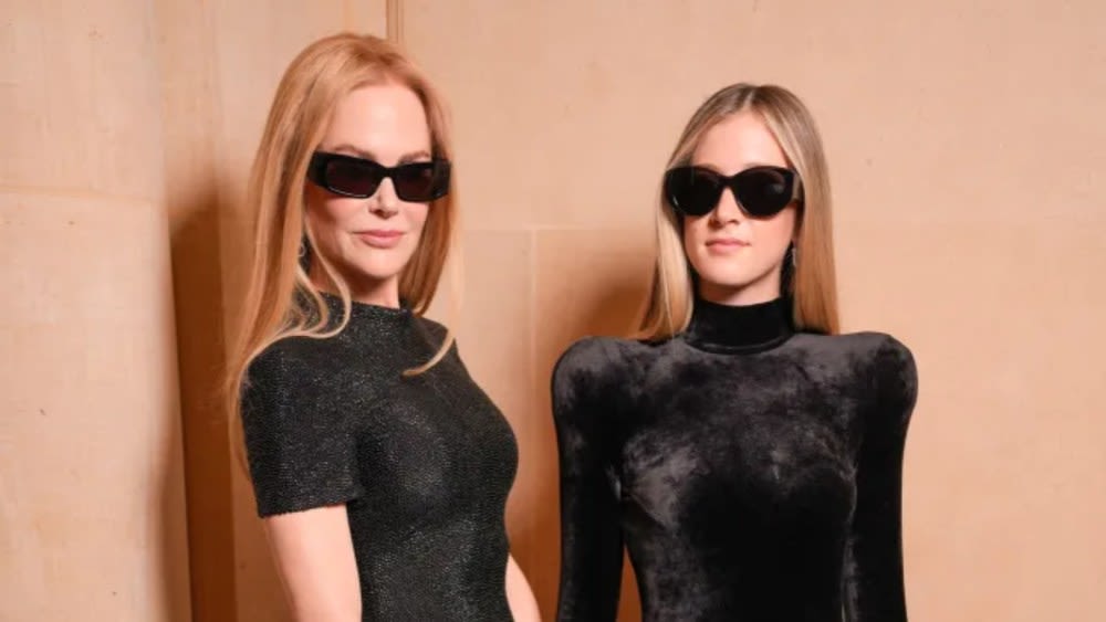 Nicole Kidman and Daughter Sunday Rose Coordinate in Black Dresses and Sunglasses for Balenciaga Fall 2024 Couture Show During...