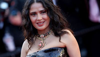 Salma Hayek Sparkles in Sequined Strapless Gown for Cannes Film Festival 2024 ‘Emilia Perez’ Premiere Red Carpet