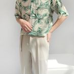 男襯衫-輕薄透氣夏季沙灘男襯衫短袖夏威夷度假印花薄款寬松香港棉麻質感
