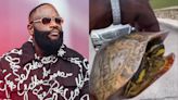 Rick Ross stopped his car to rescue a tiny turtle in the middle of the road at his Promise Land estate amid escaped buffalo drama