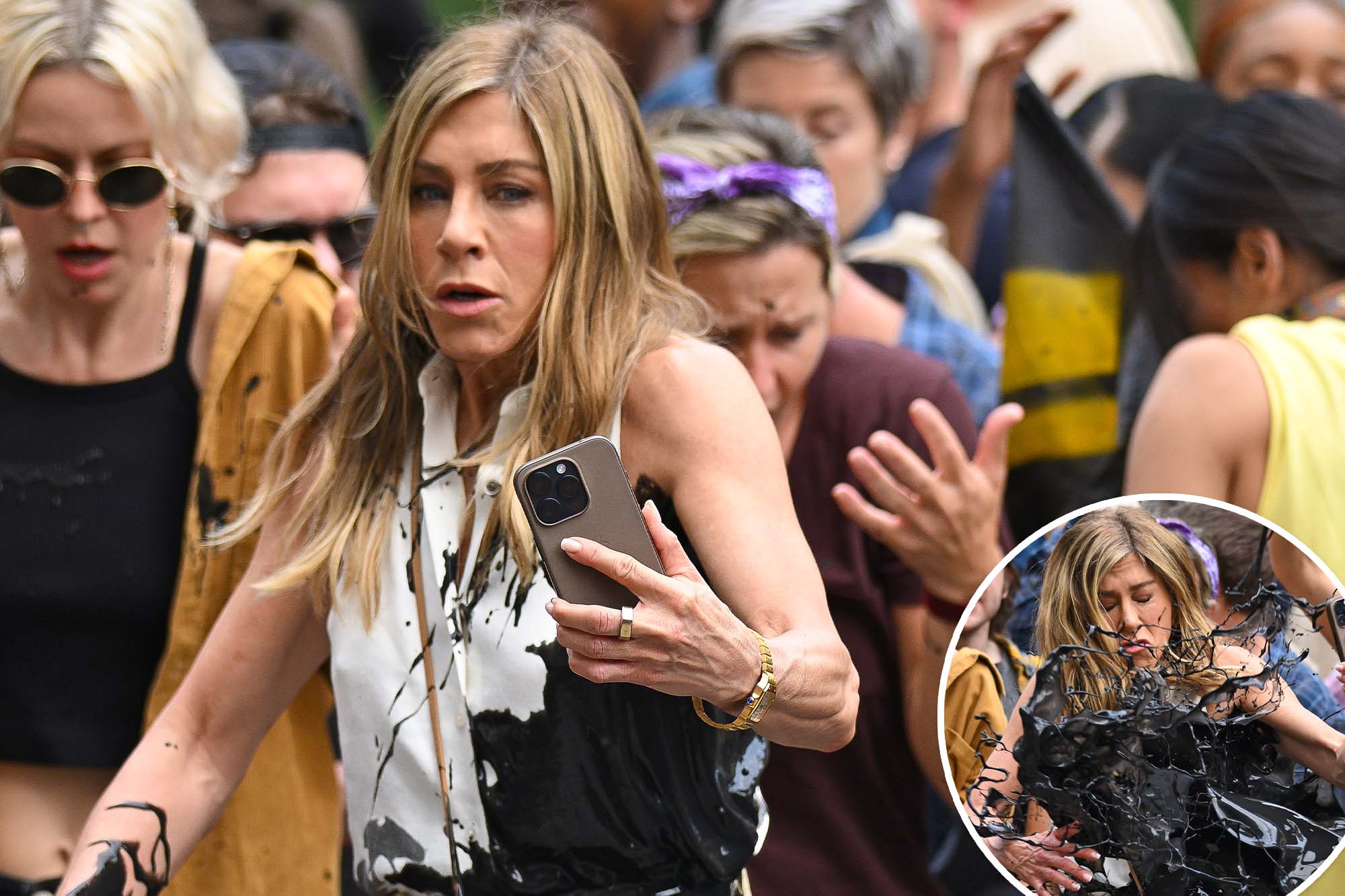 Jennifer Aniston gets fake oil thrown at her while filming ‘The Morning Show’: set photos