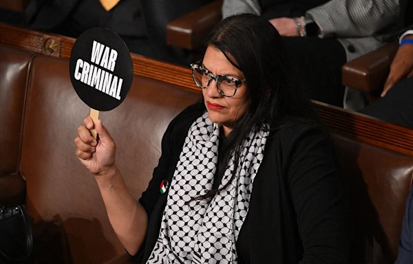 Rashida Tlaib ripped for holding 'war criminal' sign during Netanyahu’s speech: 'Absolute disgrace'