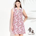 【TOWNWEAR棠葳】優雅印花POLO開襟棉質洋裝(中大尺碼/洋裝/背心/拼接/拉鍊/翻領/中長裙/裙子/無袖)