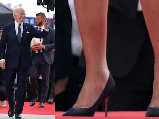 First Lady Jill Biden Looks Stylish In Navy Pumps and Animal Print With President Joe Biden For Commemorations...