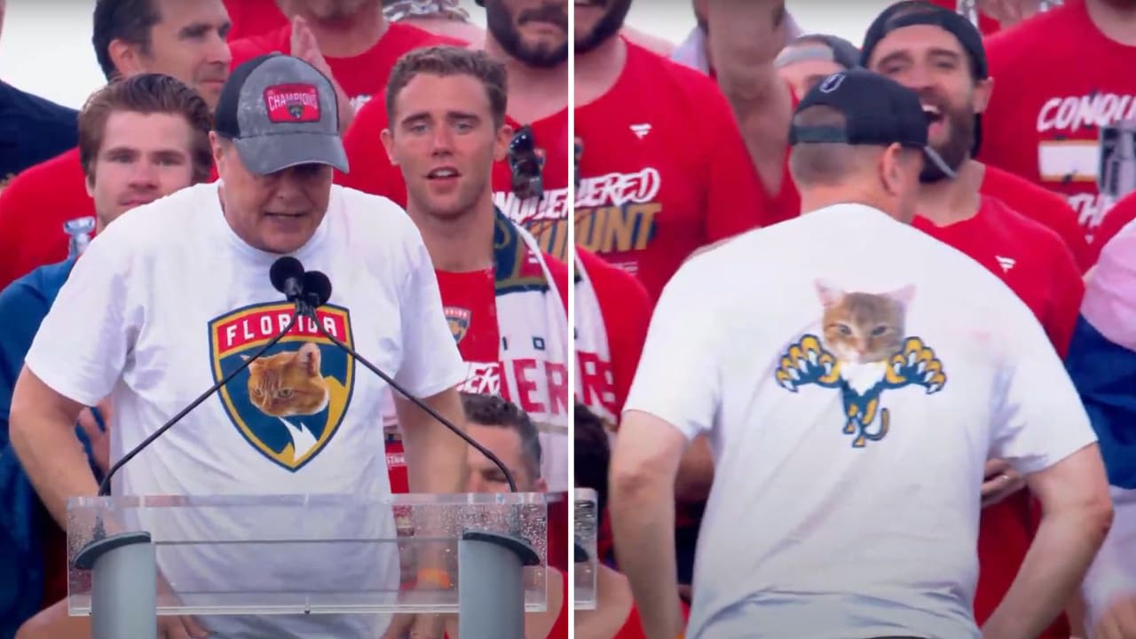 Maurice shows off custom shirt with his cats at Cup parade | Florida Panthers