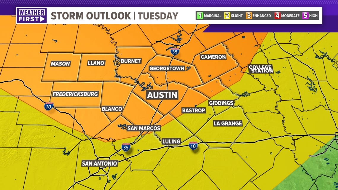 Strong storms possible Monday evening with increased risk Tuesday for Central Texas