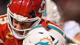 A chunk of Patrick Mahomes’ helmet went flying off after hit by Dolphins player