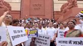 INDIA bloc parties hold protest outside Parliament, alleging misuse of central probe agencies against Opposition leaders