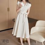 初色 純色V領綁帶收腰顯瘦短袖中長裙連身洋裝連身裙洋裝-米白-33819(M-2XL可選)