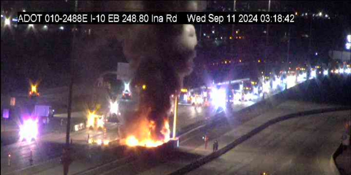 Westbound I-10 closed near Tucson after vehicle rolls, catches fire