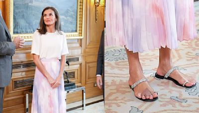 Queen Letizia Keeps it Casual Chic in Bejeweled Flats and Tie-Dye Skirt to Welcome Motion Picture Association Chairman Charles Rivkin