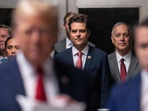Matt Gaetz evokes 'standing by' language adopted by Proud Boys as he attends court with Donald Trump
