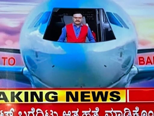 Kannada TV channel's GFX shows anchor in plane cockpit for Prajwal Revanna Germany flight news. Viral pic
