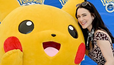 Rachel Brosnahan poses with Pikachu at Pokemon Go Fest