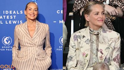 Sharon Stone Puts Maximalist Spin on Suiting in Bedazzled Pinstripes and Florals During the 2024 Paris Olympics