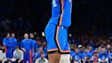 The Oklahoma City Thunder's Shai Gilgeous-Alexander attempts a 3- point basket against the Dallas Mavericks during the third quarter in Game 2 of the Western...