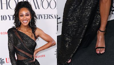 Meagan Good Embraces the Multi-Textured Trend in Glittery Dress and Patent Leather Sandals at A Toast to Black Hollywood Party