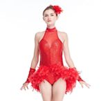 夜店Dj女歌手領舞紅色亮片動感羽毛連身演出服現代舞恰恰舞派對服
