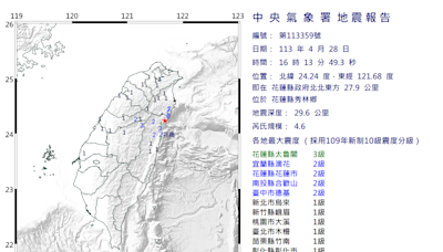 16:13 花蓮秀林地震規模4.6 最大震度3級