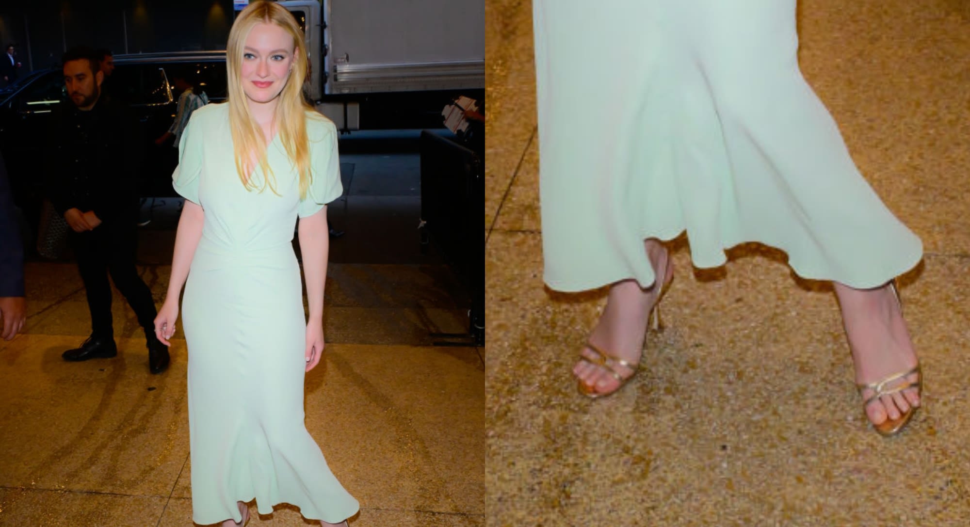 Dakota Fanning Glows in Gold Strappy Sandals and Seafoam Green Dress for ‘The Watchers’ Promo