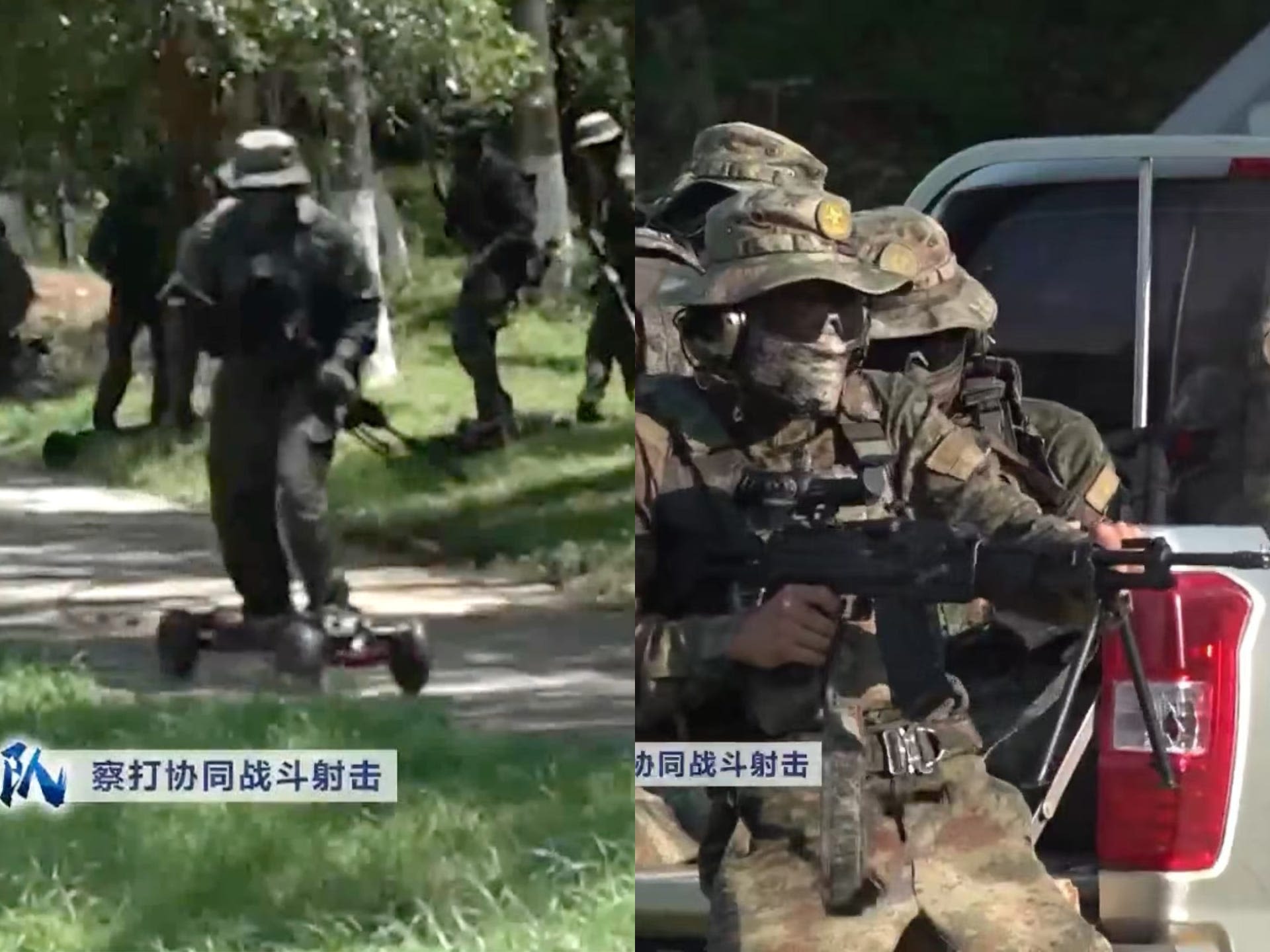 China's naval commandos rode electric skateboards into a combat exercise with drones disguised as birds, then left in a pickup truck