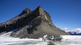 Rocky path revealed between Swiss glaciers in extreme melt season