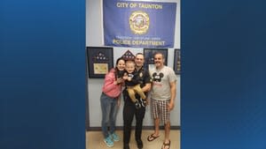 Taunton police officer reunites with 2-year-old boy he helped save from choking at daycare